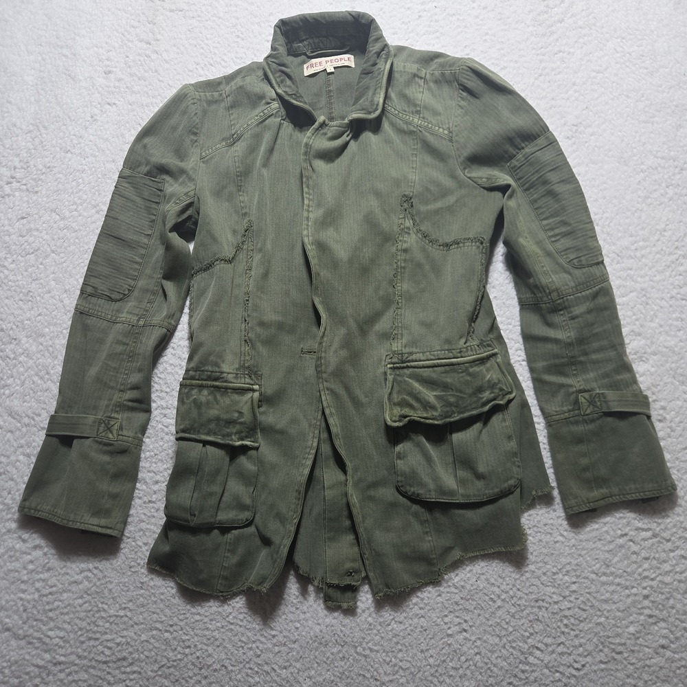 Free People Herringbone Military Utility Jacket Green Cotton Raw Hem Size Small
